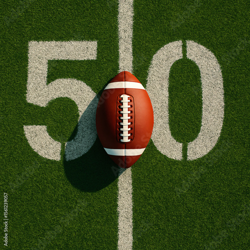 American football on the 50 yard line of a gridiron field