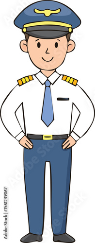 A cartoon illustration of a smiling male pilot in a full uniform, standing with hands on hips.