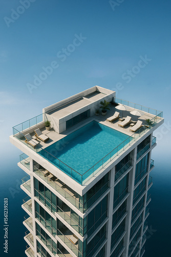 Rooftop infinity pool on modern luxury high-rise overlooking water
