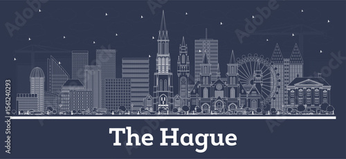 Outline The Hague Netherlands City Skyline with white Buildings. Business Travel and Tourism Concept with Historic Architecture. Hague Cityscape with Landmarks.