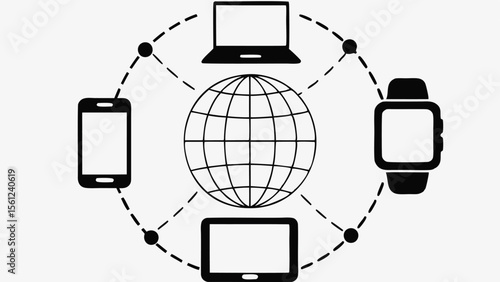 Global network connecting devices such as laptop tablet smartphone and smartwatch using dotted lines