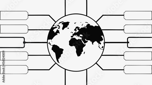 Illustration of a world map inside a circle connected to rectangular boxes on all sides evenly spaced