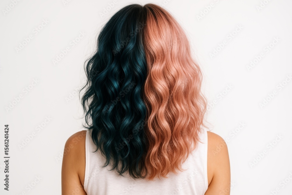 Woman with Half Dark Green and Half Pink Wavy Hair Woman with Half Dark Green and Half Pink Wavy Hair