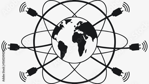 Illustration of a globe surrounded by orbital lines and electrical plugs emitting signal waves around it