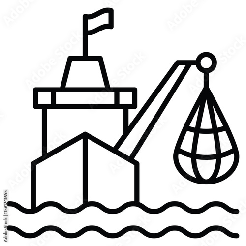 Industrial fishing icon Black and white outline flat sign vector