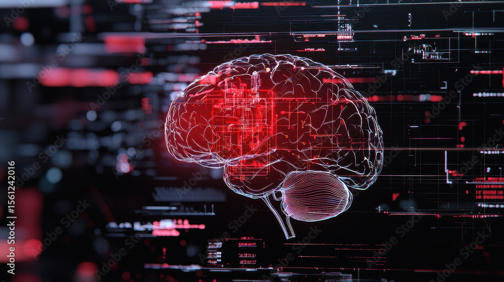 Obraz premium Digital representation of brain with glowing red elements against dark, abstract background filled with data patterns and codes, evoking sense