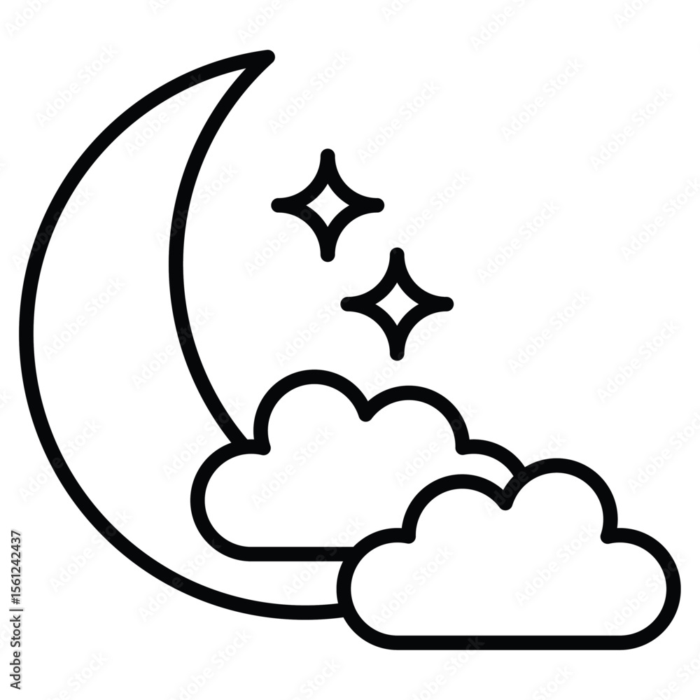 Moon and stars icon Black and white outline flat sign vector Moon and stars icon Black and white outline flat sign vector