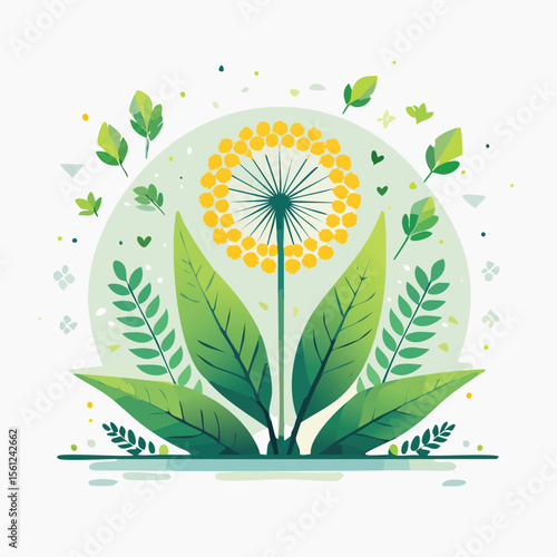 Dandelion Greens Stylized Vector Design with Forest and Mountain Elements.