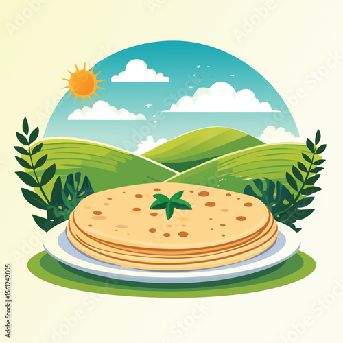Chapati Stylized Vector Design with Forest and Mountain Elements.