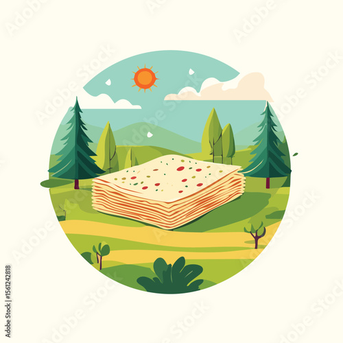 Lavash Stylized Vector Design with Forest and Mountain Elements.