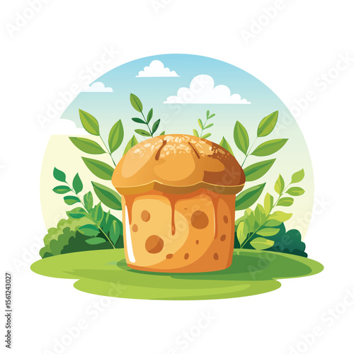 Panettone Stylized Vector Design with Forest and Mountain Elements.