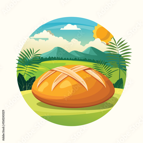 Cuban Bread Stylized Vector Design with Forest and Mountain Elements.