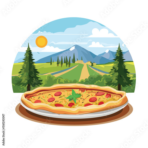 Turkish Pide Stylized Vector Design with Forest and Mountain Elements.