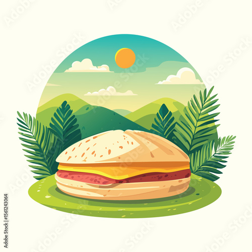 Arepa Stylized Vector Design with Forest and Mountain Elements.
