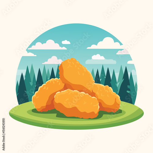 Chicken Nuggets Stylized Vector Design with Forest and Mountain Elements.