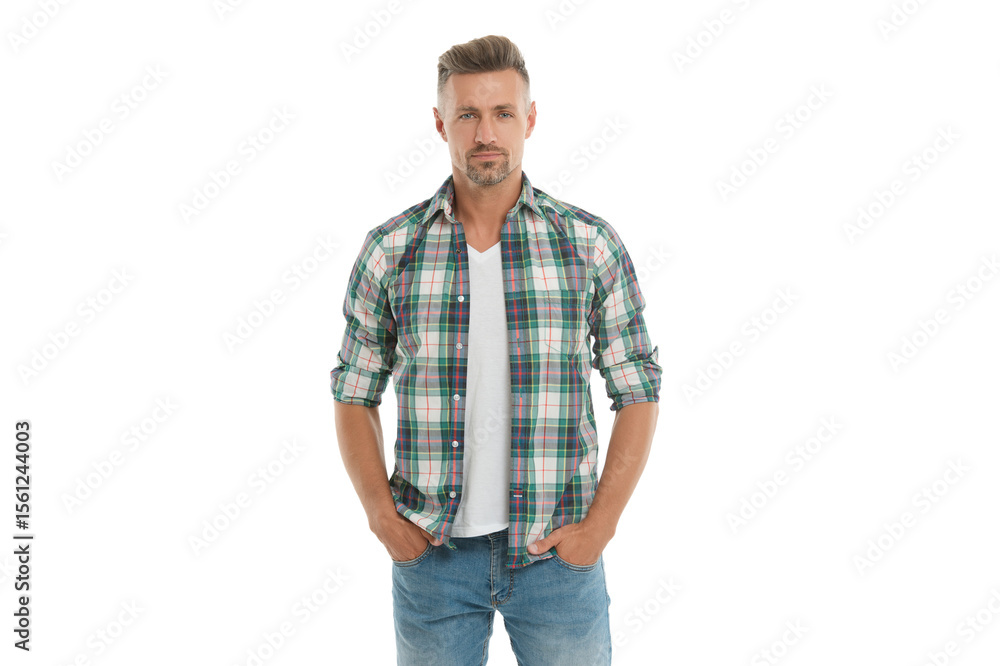 Obraz premium Stylish menswear fashion portrait. Adult man. Man in checkered shirt isolated white. Handsome man. Stylish male. Men casual style. Portrait of handsome guy in menswear