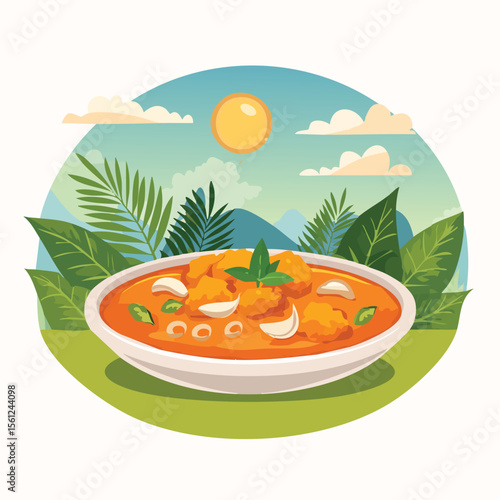 Chicken Tikka Masala Stylized Vector Design with Forest and Mountain Elements.