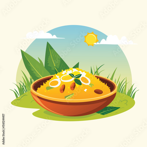 Biryani Stylized Vector Design with Forest and Mountain Elements.