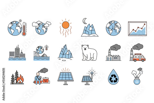 Climate Change Icon Set Showing Environmental Issues and Renewable Energy