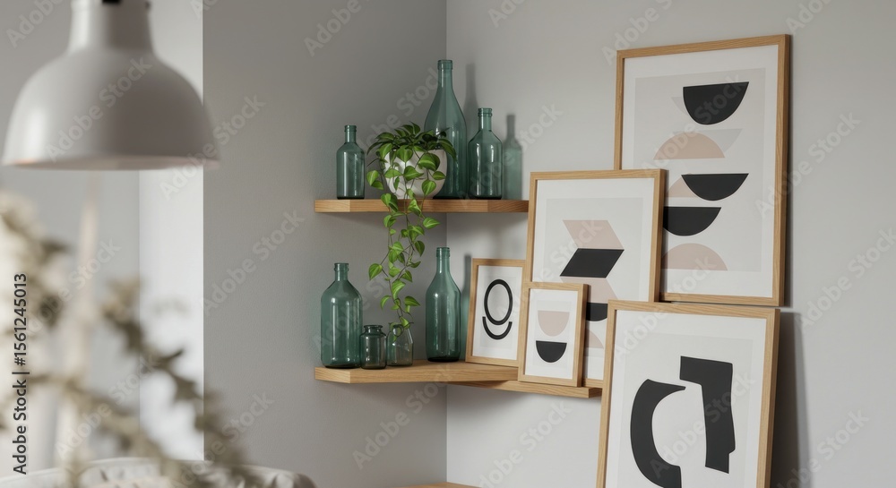 Fototapeta premium Modern Corner Shelf Decor: Abstract Art Prints, Glass Bottles, and Greenery