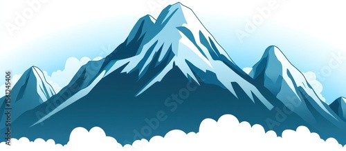 Majestic Mountain Peaks with Icy Slopes and Cloudscape Scene Illustration