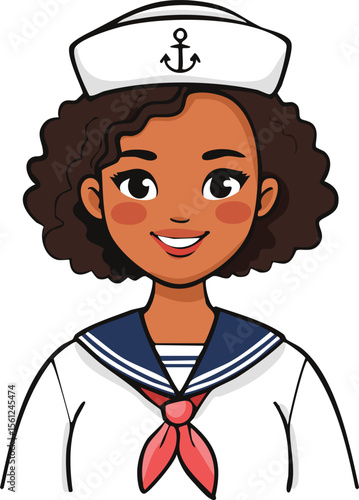 Illustration of a smiling young woman wearing a sailor hat and uniform with a red neckerchief.