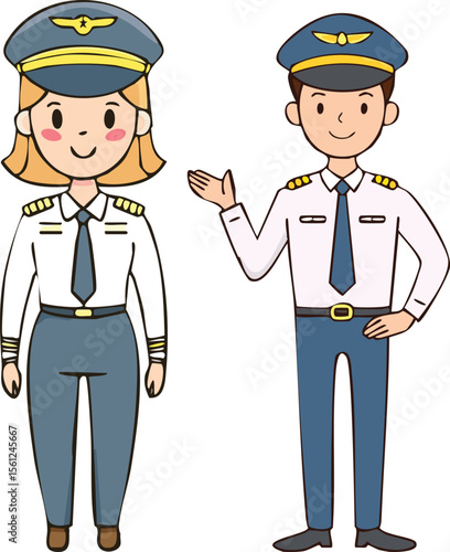 A male and female pilot in uniform, cheerfully standing together.