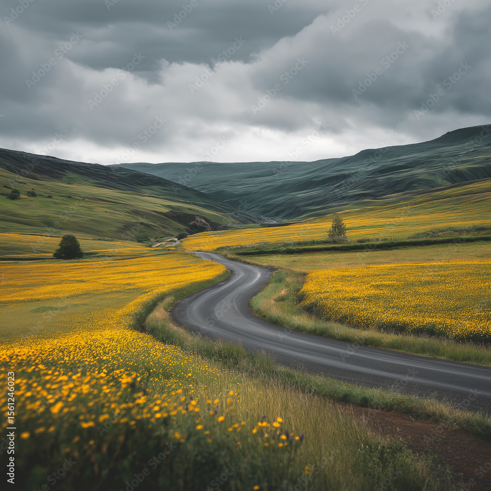 Naklejka premium Winding countryside road between yellow flower fields under cloudy sky, road