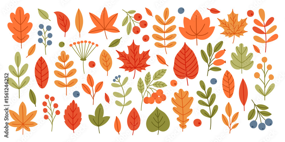 Fototapeta premium Set of autumn leaves and berries. Autumn foliage icon. Flat hand drawn vector illustration