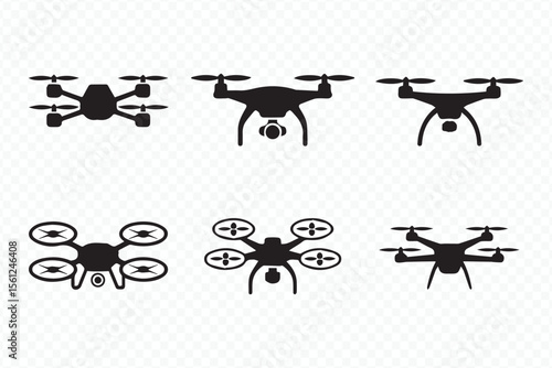 drone vector illustrations pack featuring six quadcopter silhouettes in various poses for creative projects and presentations