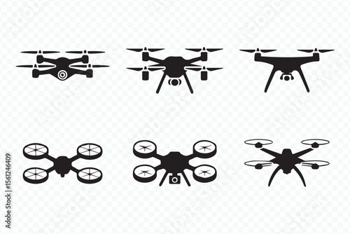 aerial drone vector set of multiple quadcopter silhouettes in different angles ideal for logos, infographics, and ui design