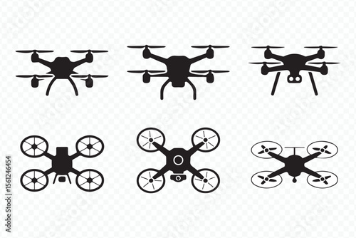 minimal flat drone vector collection with six silhouette icons of quadcopters in top, side, and front views for designers