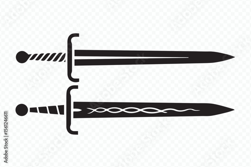 ancient sword vector set, monochrome medieval weapon designs, ornate crossguard and pommel illustration, digital clipart
