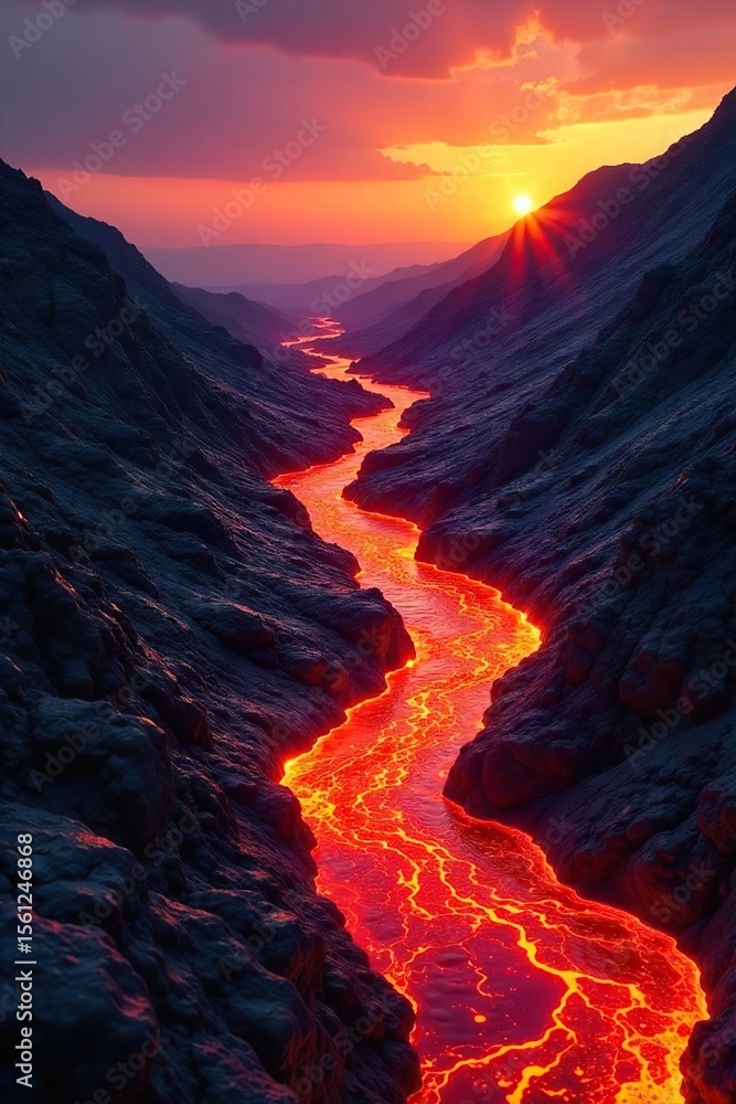 Fototapeta premium Intensely Glowing Molten Lava Flowing Down Volcanic Slope on a Summer Day, Heat Shimmering in the Air - Dramatic Nature Photography