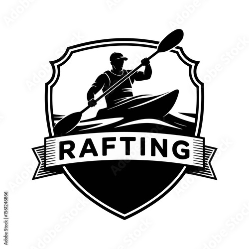 Dynamic Black and White Rafting or Kayaking Emblem with Paddler in Boat and Waves, Perfect for Adventure Sports and Outdoor Logos