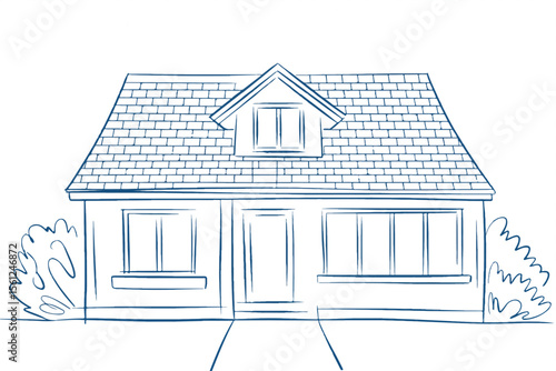 hand-drawn vector illustration of a cozy suburban house with detailed roof, windows and landscaping elements