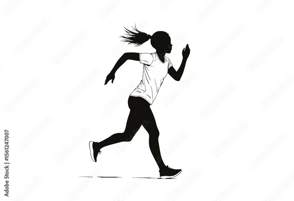 Girl running in silhouette with ponytail on white background Girl running in silhouette with ponytail on white background