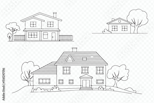 three home vector illustration pack: townhouse, villa, and bungalow architecture silhouettes