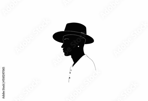 Black man in profile wearing wide-brimmed hat on white background  