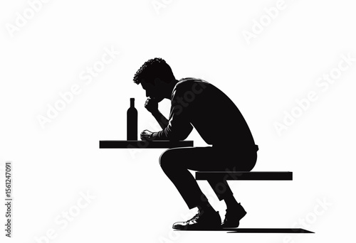 Man sitting alone by table with bottle, silhouette on white background  