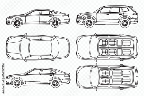 detailed vector blueprint of sedan and suv side and top views showing seating layout for automotive design