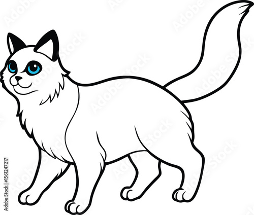 Birman Cat Vector Illustration in Elegant Minimal Line Art Style, Birman Cat Vector, Fluffy Cat Line Art, Elegant Pet Drawing

