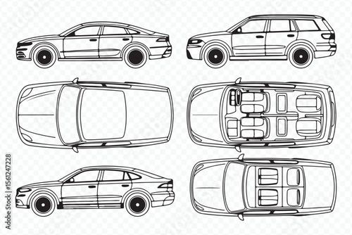 high quality vector drawing of sedan and suv exterior and interior from side and top angles for marketing