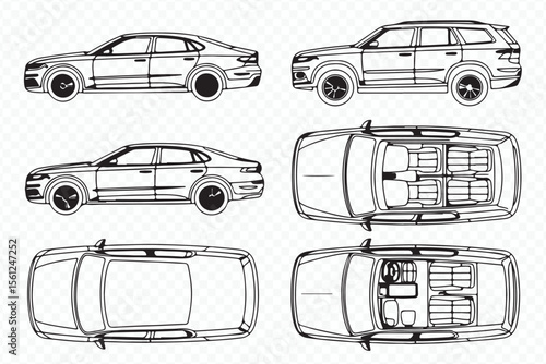 precise vector car illustration featuring sedan and suv side and top perspectives with interior details