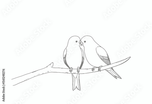 Two birds kissing on a branch in simple line art style  
