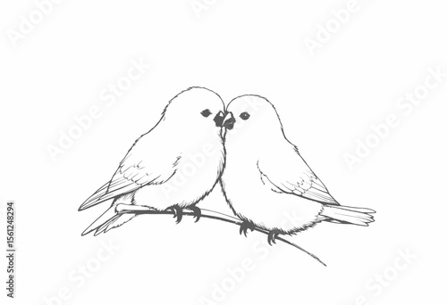 Two lovebirds kissing on a branch in minimalist sketch style  