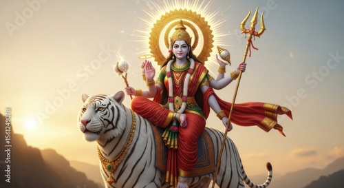 Wallpaper Mural Divine Goddess Durga Riding Majestic White Tiger Against Sunset Sky Torontodigital.ca