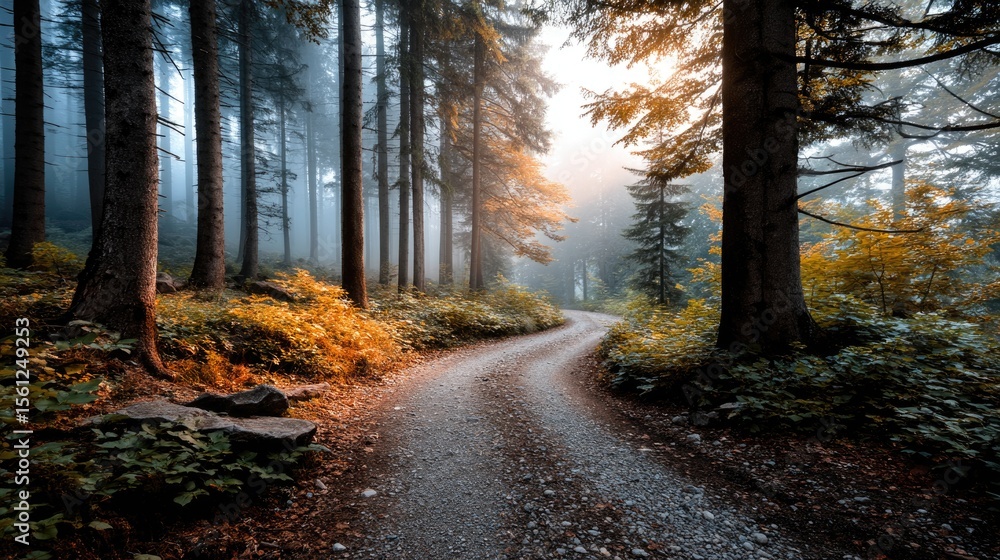 Obraz premium A forest path winding through thick fog, surrounded by tall trees with muted colors