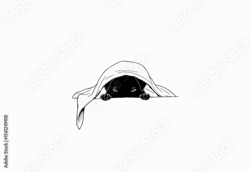 Black cat hiding under white blanket in minimalist style  