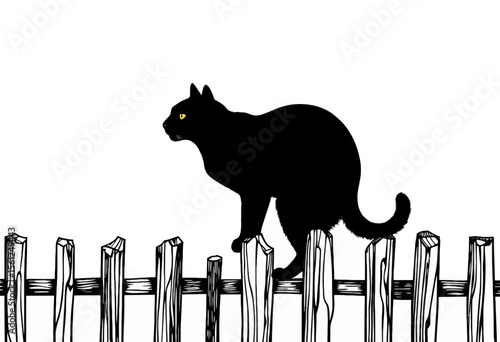 Black cat walking on wooden fence in silhouette style  